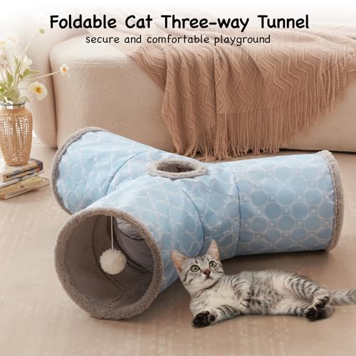 Image of Tempcore Cat Tunnel for Indoor Cats, 3 Way Collapsible Pet Play Tunnel with Teaser Wand, Peek Holes & Hanging Ball, Interactive Tube for Kittens & Rabbits, Geometry Blue