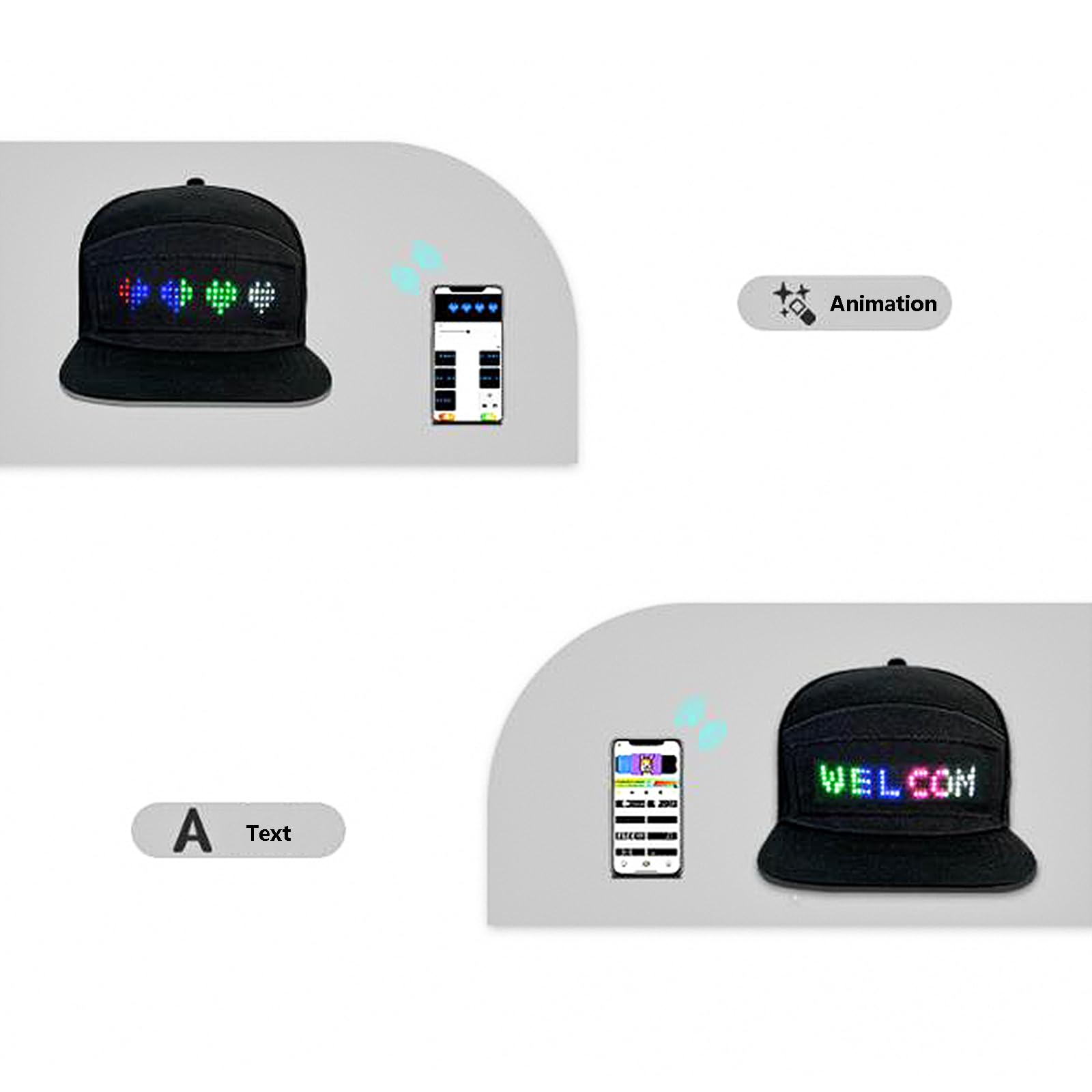Gorra LED programable con control de aplicación móvil, texto editable, animación, música, graffiti, diseño DIY para fiestas de cumpleaños, conciertos, carnivales, Navidad, bares, clubes