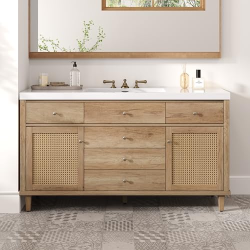 LUMISOL 60' Bathroom Vanity with Single Sink, 5 Drawers & 2 Rattan Doors, Large Bathroom Cabinet...