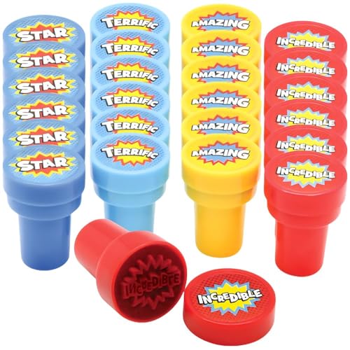 Fun Express Superhero Comic Book Sound Effect Self-Inking Plastic Stampers - Superhero Birthday Party Gifts - Valentine's Day Party Favors - 24 Pieces
