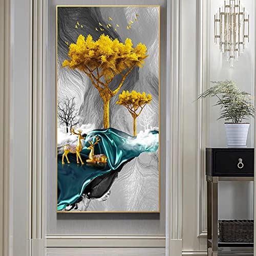 Peinture toile cerf chanceux arbre d'or 40x80 cm sans cadre pour salon