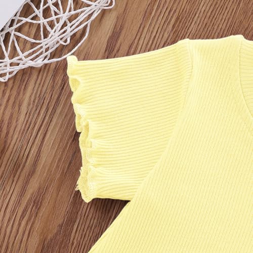 Image of Toddler Girl Clothes Summer Outfit Short Sleeve Shorts Set 12M-5T | Soft ribbed knit toddler girl outfit with breathable fabric, ruffle top, comfy shorts and stretchy fit for summer daily wear.