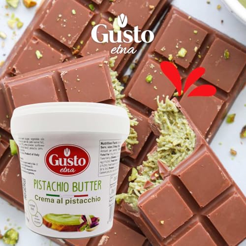 GUSTO ETNA Sicilian Pistachio Cream – 35% Pistachios, Sweet Spreadable Butter, 2.2 lbs (1 kg) Rich & Nutty Pistachios Cream for Knafeh Dubai Pistachio Chocolate Bars, Product of Sicily, Italy