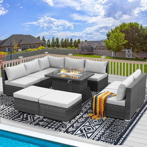 RADIATA 10Piece Wicker Patio Furniture Set with Fire Pit, All-Weather Outdoor Sectional Couch High Back Large Size, Modular Backyard Seating Sofa Set with Propane/Natural Gas Firepit Table, Light Grey