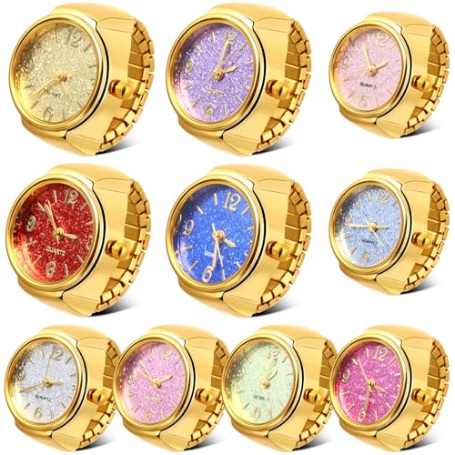 Landical 10 Pcs Finger Watches Ring for Women Men Adjustable Clock Rings Bulk Creative Elastic Round Quartz Finger Ring Watches
