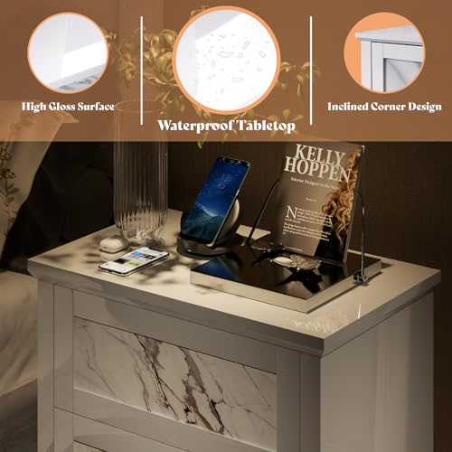 Amerlife CNS025 Luxury Natural Marble Nightstand Set Of 2 With Drawers, High Gloss Side Tables In Living Room, Storage End Table For Bedroom thumb #2