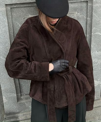 Womens Faux Suede Jacket with Belt Long Sleeve Button Down Belted Suede Leather Jacket Coats4