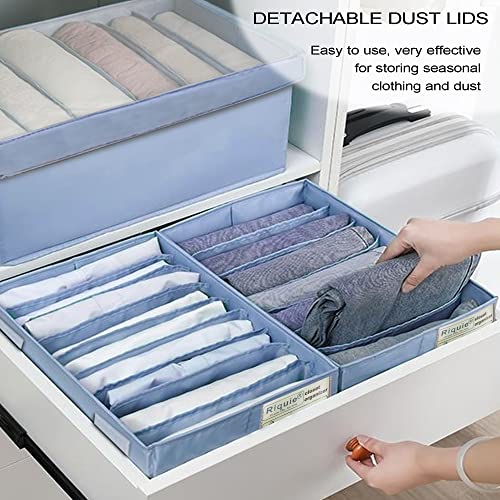 2 Pcs Newly Upgrade Foldable Wardrobe Clothes Organizer For Jeans, Riquie Closet Drawers Organizers And Storage Thick Pants, Sweater T-Shirt With Handle, Label, Clear Lids (7 Grids Grey) #TOP2