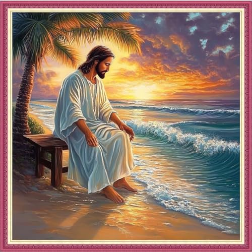 Image of Fanxvivy Stamped Cross Stitch Kits for Beginners Full Range of Cross Stitching Preprinted Embroidery Kits for Adults, 11CT Embroidery Pattern Needlepoint Kits- Jesus Resting by Seaside 18x18 inch