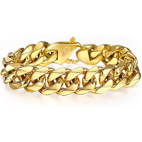 Trendsmax 15MM Men's 316L Stainless Steel Gold Chunky Curb Cuban Link Chain Bracelet Gifts For Men Boys Fits 8 inch Cover