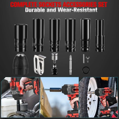 Cordless Impact Wrench Impact Gun - 1253.9 ft·lbs (1700 N.m)Max Torque Brushless Impact Wrenches, 3 Speed Forward and 2 Reverse Impact Driver, 2*4.0Ah Batteries, 6 Sockets, for Car Tyre Change - Image 6