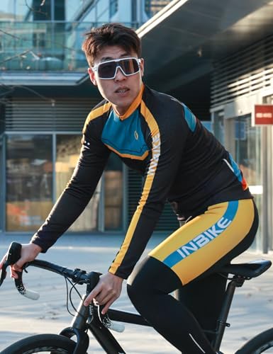 INBIKE Conjunto de roupas de ciclismo masculinas, camisa de ciclismo de manga comprida com 3 bolsos