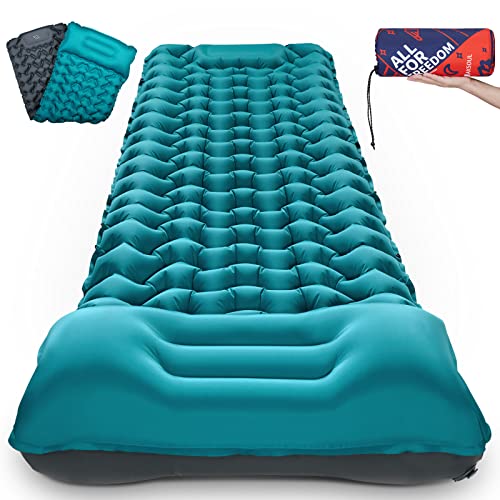AKSOUL Camping Sleeping Pad with Pillow: Extra Thick 3.9 inch Ultralight Self Inflating Air Mat, Compact Lightweight Inflatable Sleep Mattress for Backpacking, Camp, Hiking, Peacock Blue