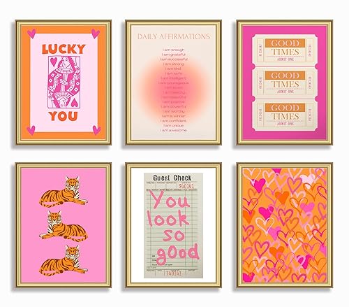 QMV 6 Pieces Pink and Orange Preppy Wall Art Queen Poker Halo Angel Digital Poster Tiger Heart You Look Good Yk2 Print Fashion Preppy Canvas Unframed Size: 8x10 inches
