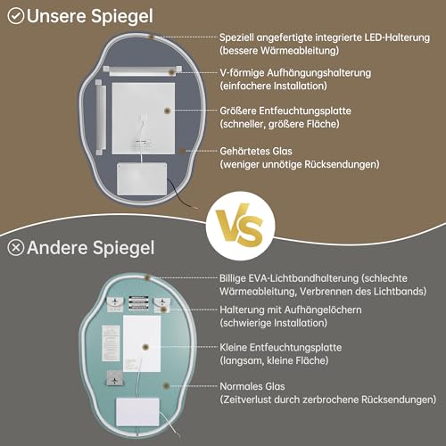 OUMUSU Spiegel mit Beleuchtung Asymmetrischer LED Badspiegel 56 x 76 cm mit Touch-Schalter, Dimmbar 3 Lichtfarbe Einstellbare, Beschlagfrei Badezimmerspiegel mit Beleuchtung, Bruchsicher 2