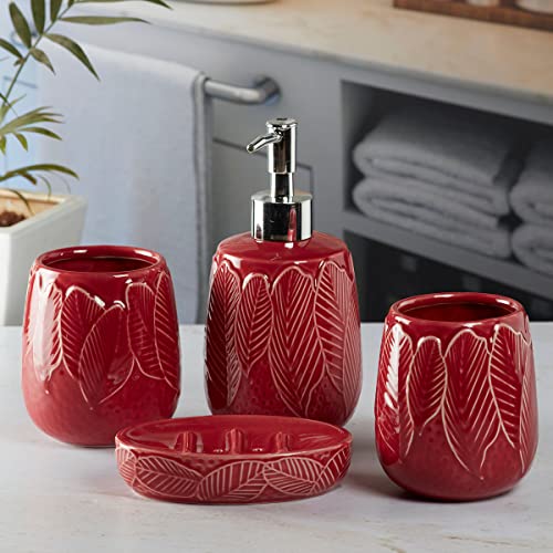 Image of SaSaSa Ceramic Bathroom Accessories Set of 4 Modern Bath Set with Soap Dispenser & Toothbrush Holder, Luxury Home & Gift Idea, Red (9886)