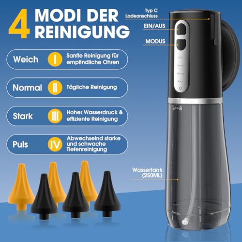 Ohrenschmalz Entferner, Elektrischer Ohrenreiniger mit 4 Druckmodi, IPX7 Wasserdicht Ohrenspülung, 6-Düsen Ohrendusche, Ohrreiniger für Erwachsene Kinde, Schwarz