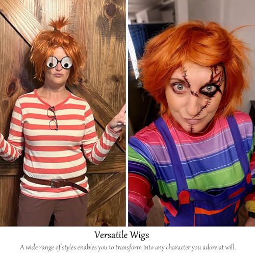 Image of Rose bud Anime Halloween Dark Orange Wig for Cosplay Party Synthetic Layered Short Hair Wigs with Bangs Pastel Funny Wigs for Women Men
