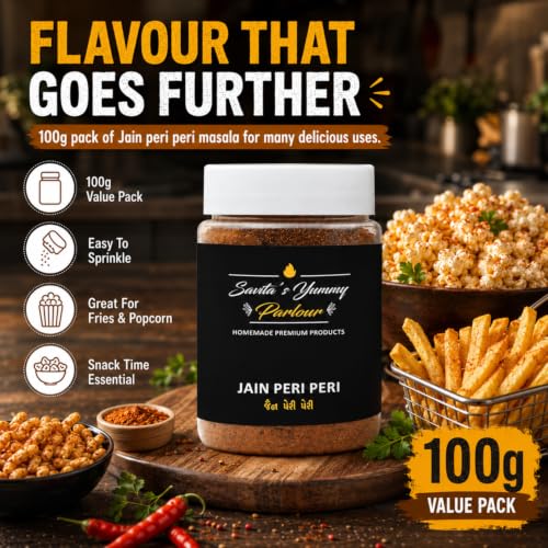Image of Savita's Yummy Parlour Jain Peri Peri Masala - 100g | No Onion No Garlic | Homemade Premium Spice Blend for Fries, Popcorn, Pasta, Snacks & More