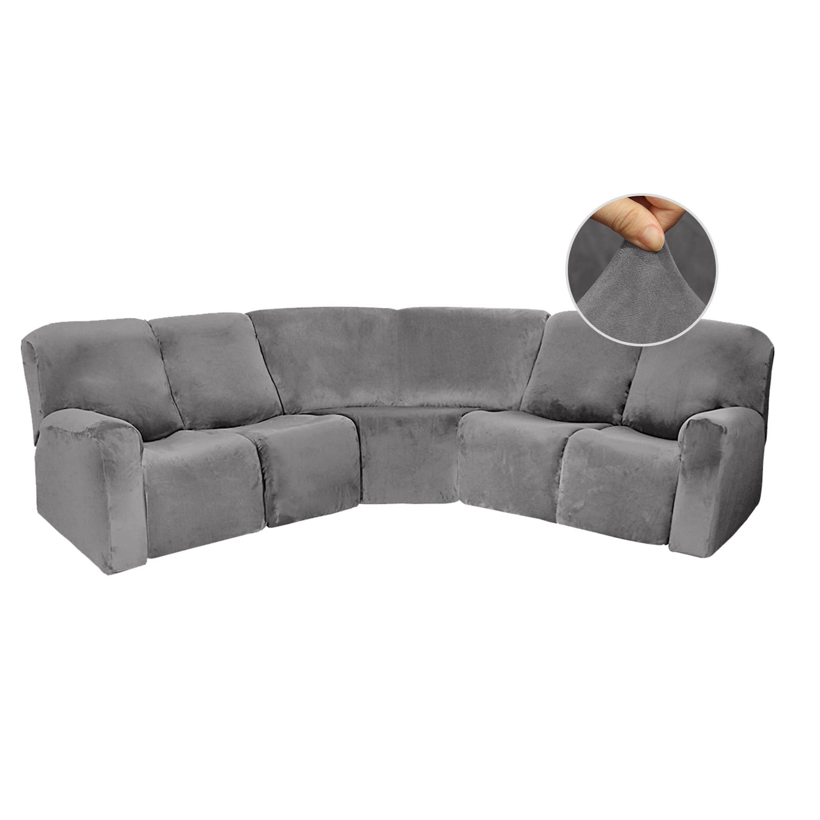 JinsenTGG 7-Piece L Shape Sectional Recliner Sofa Covers, 5 Seater Recliner Slipcover, Velvet Stretch Reclining Couch Covers for Reclining L Shape Sofa, Slipcovers Thick, Soft, Washable (Grey)