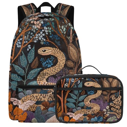 Modysero Vibrant Snake Kids Backpacks for Elementary Middle School Bag with Lunch Tote 2 Piece Backpack Set for Girls Boys Teens Bookbag with Mesh Pocket