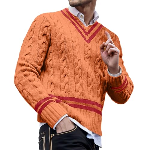Men's V Neck Sweater Striped Cable Knit Pullover Sweater Casual Long Sleeve Twist Patterned Sweaters