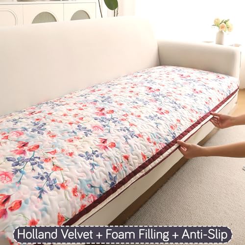 Image of HOKIPO 'Florentina Series' Foam Filled Holland Velvet L Shape (3+3 Seater) Sofa Cover Seat Mat with Anti-Slip Backing, Scarlet Rose Ivory (IN-882-V4*2)