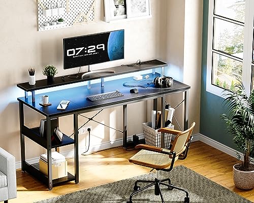 ODK-55-inch-Gaming-Desk-with-LED-Lights-Power-Outlets-Computer-Desk-with-Monitor-Stand-Storage-Sheves-CPU-Stand-Home-Office-Desk-Black