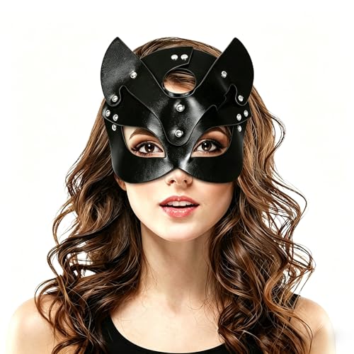 vickkt Women Cat Mask Sexy Leather Eye Mask Half Face Masquerade Mask Cosplay Costume Props for Halloween Mardi Gras Carnival Party (Black), 8.7*7.5in