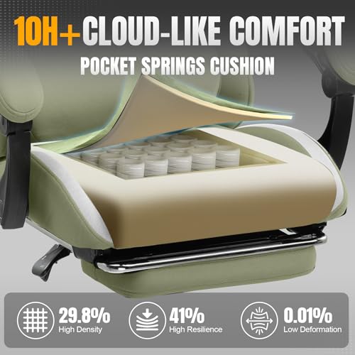 GTRACING Gaming Chair with Foot Rest & Pocket Spring Cushion, Breathable Fabric for Home Office Desk, Ergonomic High Back Computer Chair with Headrest & Lumbar Support, Green