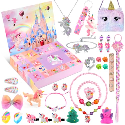 Calendario Avvento 2025 Bambina, Calendario Avvento Unicorno Bambina,24 Unicorno Braccialetto Collana Anello Gioielli Accessori Portachiavi, zaini, bracciali,copricapi