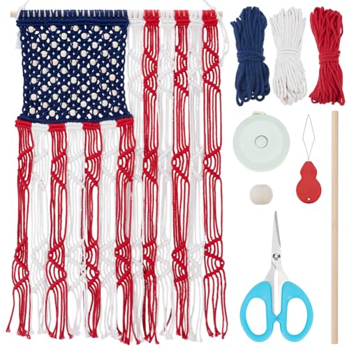 ORIGACH Macrame Independence Day Wall Hanging Kit American Flag Patriotic Decor Macrame Kit for Beginners Adults with Step by Step Tutorial Instruction Fourth of July Ornaments