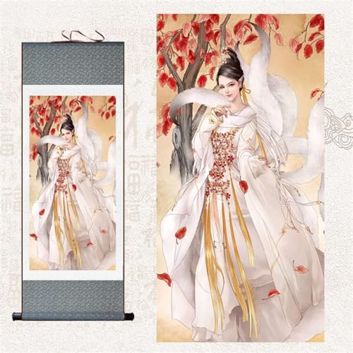 YLSSAB Cuadro decorativo de pared con diseño de zorro de nueve colas para colgar en la pared, pinturas para sala de estar, pintura decorativa de pergamino de seda