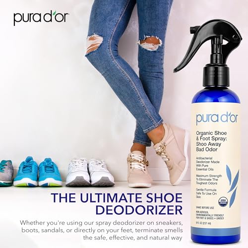 Image of PURA D'OR Organic Shoe & Foot Odor Eliminator Spray (8oz) Deodorizes & Removes Bad Smells with Eucalyptus, Peppermint, Tea Tree, Lemongrass Essential Oil, Maximum Strength (Packaging may vary)