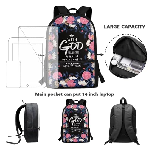 Suobstales Flower Pattern Backpack for Girls Boys With God All Things 3 In 1 School Bookbag Set with Lunch Bag and Pencil Case Large Capacity Schoolbags Casual Back Packs Satchel Teens Rucksack3