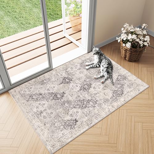 PureCozy Beige Entryway Rug 2x3 Vintage Area Carpet Indoor Kitchen Washable Door Mat Living Room Entrance Small Low Pile Traditional Distressed Retro Accent Throw Rug Non Slip Office Bathroo