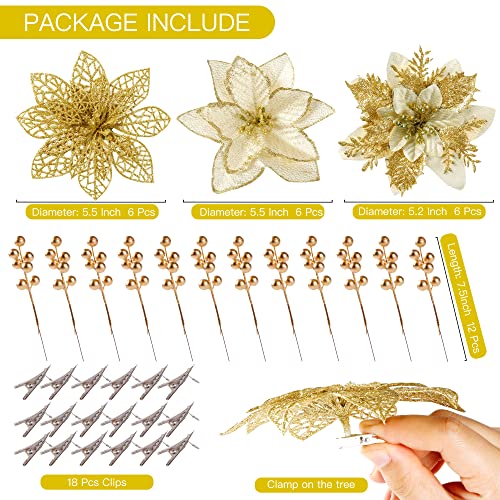 Sggvecsy 30 Pcs 3 Styles Christmas Glitter Poinsettia Flowers Artificial Berry Picks Christmas Tree Ornaments Artificial Christmas Flowers With Clips For Xmas Wedding Wreath Floral Decorations(Glod) #TOP6