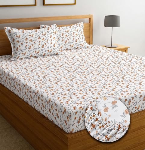 Image of IVAZA Ezyption Cotton Super Soft 240 TC Elastic Fitted All Around Elastic Printed King Size Double Bed Bedsheet with 2 Pillow Cover 72 inch X 78 inch3 Brown & White