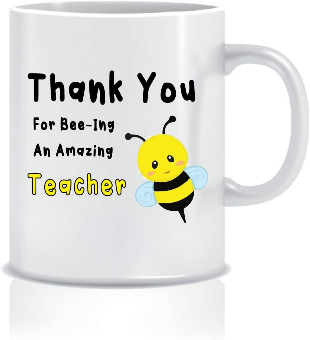 kisoyo Teacher Appreciation Mugs, Set of 4, Funny Sayings, Ceramic Coffee Cups (Thank You for Bee-Ing an Amazing Teacher)