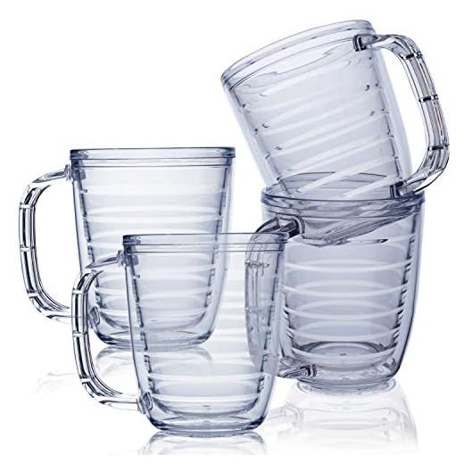 Clear Coffee Mugs set of 4, Unbreakable, Microwave, Freezer, Top-Rack Dishwasher Safe, 12 oz Plastic Tumblers w/ Handle, Mocha Latte Tea & Water Clear Drinking Cups look like Glass Made in USA