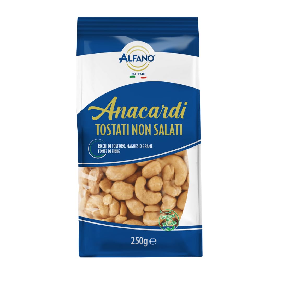 Alfano dal 1940 Anacardi Tostati Non Salati Formato da 250g Frutta Secca Ricca di Fosforo, Magnesio e Rame Fonte di Fibre (4 Pezzi)