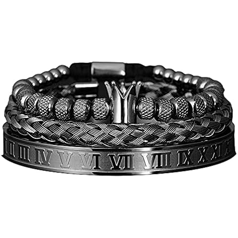 AIDUOMIRZER Luxury Roman Royal Crown Charm Men's bracelet Stainless Steel Geometry Pulseiras Men Open Adjustable Bracelets Couple Jewelry Gift (Black 3psc/set) Cover