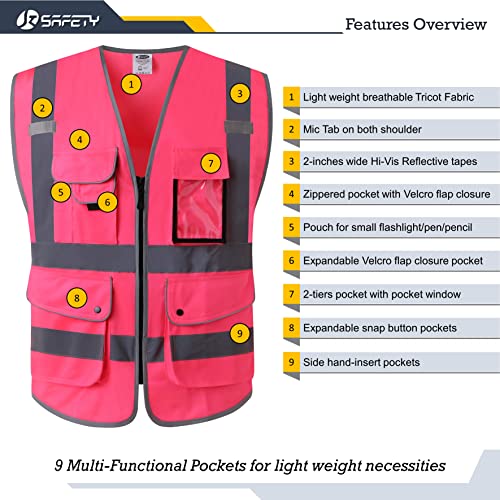 Image of JKSafety 9 Pockets Class 2 High Visibility Zipper Front Safety Vest With Reflective Strips, Meets ANSI /ISEA Standards (Medium, 150-Pink)