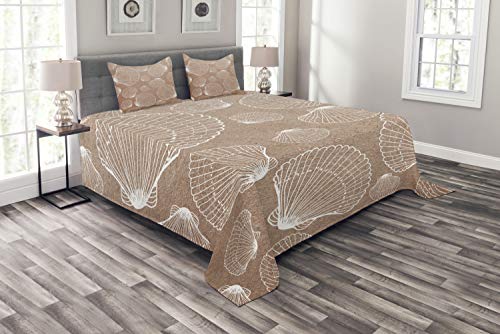 Ambesonne Seashell Bedspread, Nautical Themed Illustration with Outline Seashells on Rough Background, Decorative Quilted 3 Piece Coverlet Set with 2 Pillow Shams, Queen Size, Pale Brown White