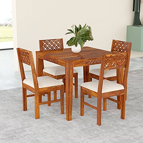 Image of Solid Sheesham Wood Dining Set with Dining Table & Cushioned Chairs | Elegant | Comfortable | Durable & Stylish for Dining & Living Room | Home /Office | Hotels /Restaurant (Brown 9)