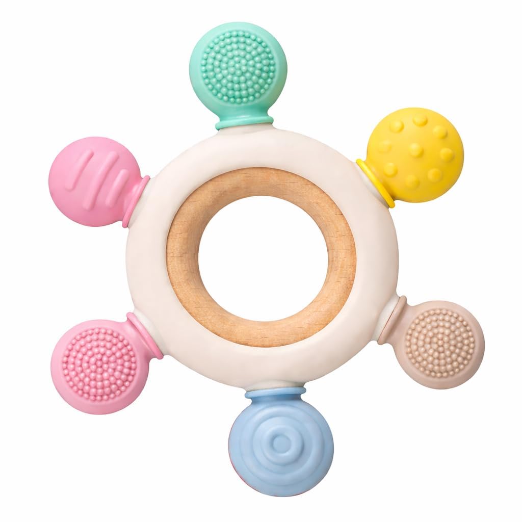 AMARIYA Silicone & Wooden Baby Teether Round Ring Food Grade Silicone BPA Free Soft Chew Toy Sensory Teething Ring for Infants Newborns 0-12 Months Gum Relief Toy for Boys Girls Babies-image-20