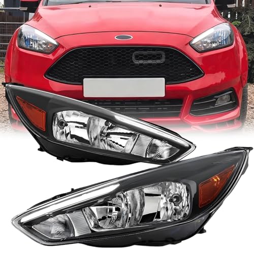 2PCS Headlights Assembly W/LED DRL For 2015 2016 2017 2018 Ford Focus S SE ST SEL Titanium Sedan Hatchback Replacement Focus Mark 3 Facelift Halogen Headlamps With Black Bezel Clear Lens