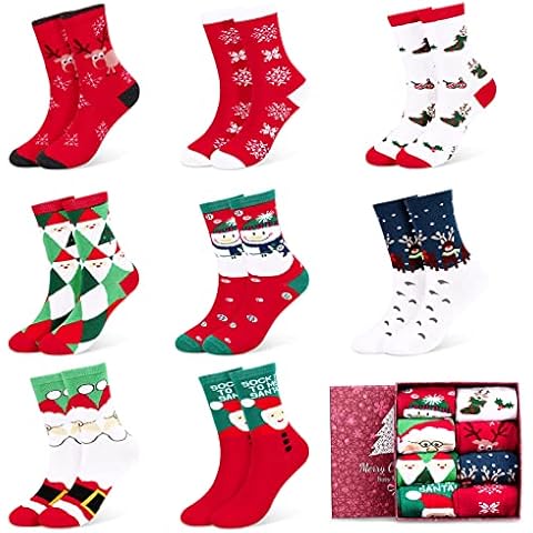 Fixget Christmas Socks Set, 8 Pairs Christmas Socks Gift Set for Family, Red Bed Socks Soft Cotton Warm Socks with Beautiful Gift Box Cover