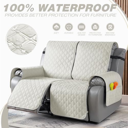 Image of TAOCOCO 100% Waterproof Recliner Covers, Recliner Sofa Covers with Leg Straps, Reversible Recliner Couch Cover for Reclining Chair, Washable Couch Protector for Pets Kids(2 Seater, Off White)