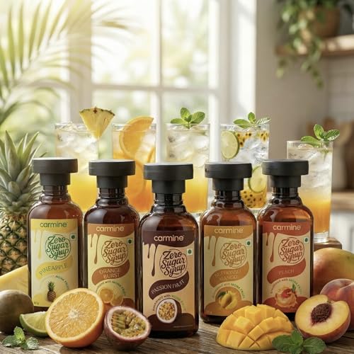 Image of Carmine Zero Sugar Syrups - Combo of 5 Syrups (Peach, Passion Fruit, Orange, Pineapple and Mango), 60 g each